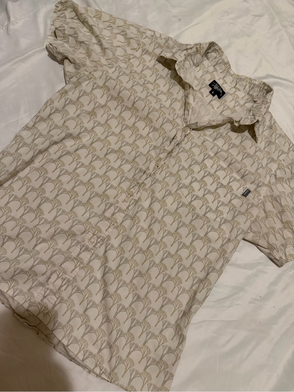 Stussy Cream Short-Sleeve Button-Down with Tan Fan Print